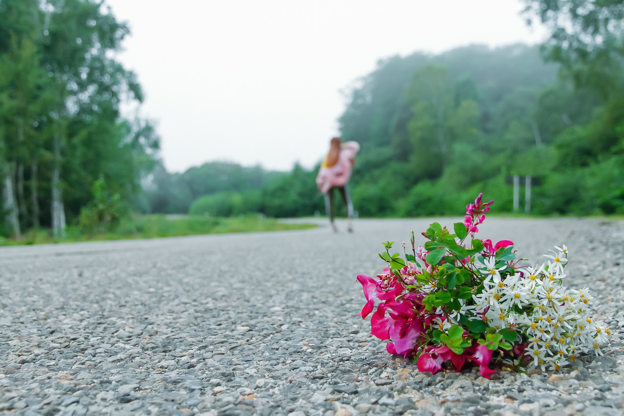 Bouquet of wild flowers on the paved road